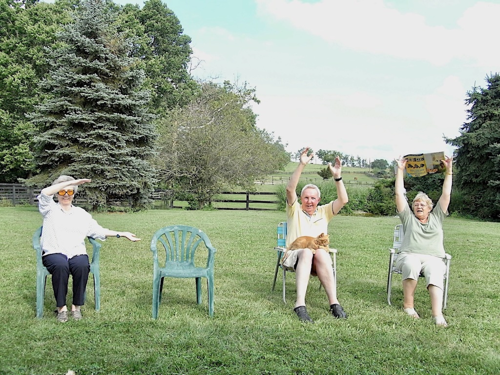 Happy times at Lesley’s house: the morning exercise class for our parents